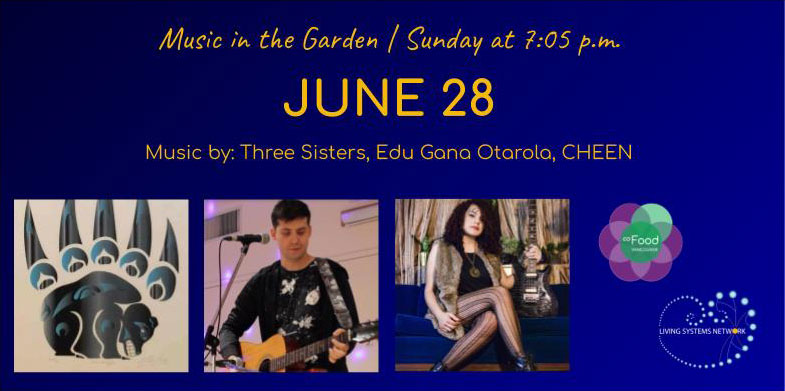 An image of the Live Garden Concerts poster for June 28, 2020. The image features photos of three performers.